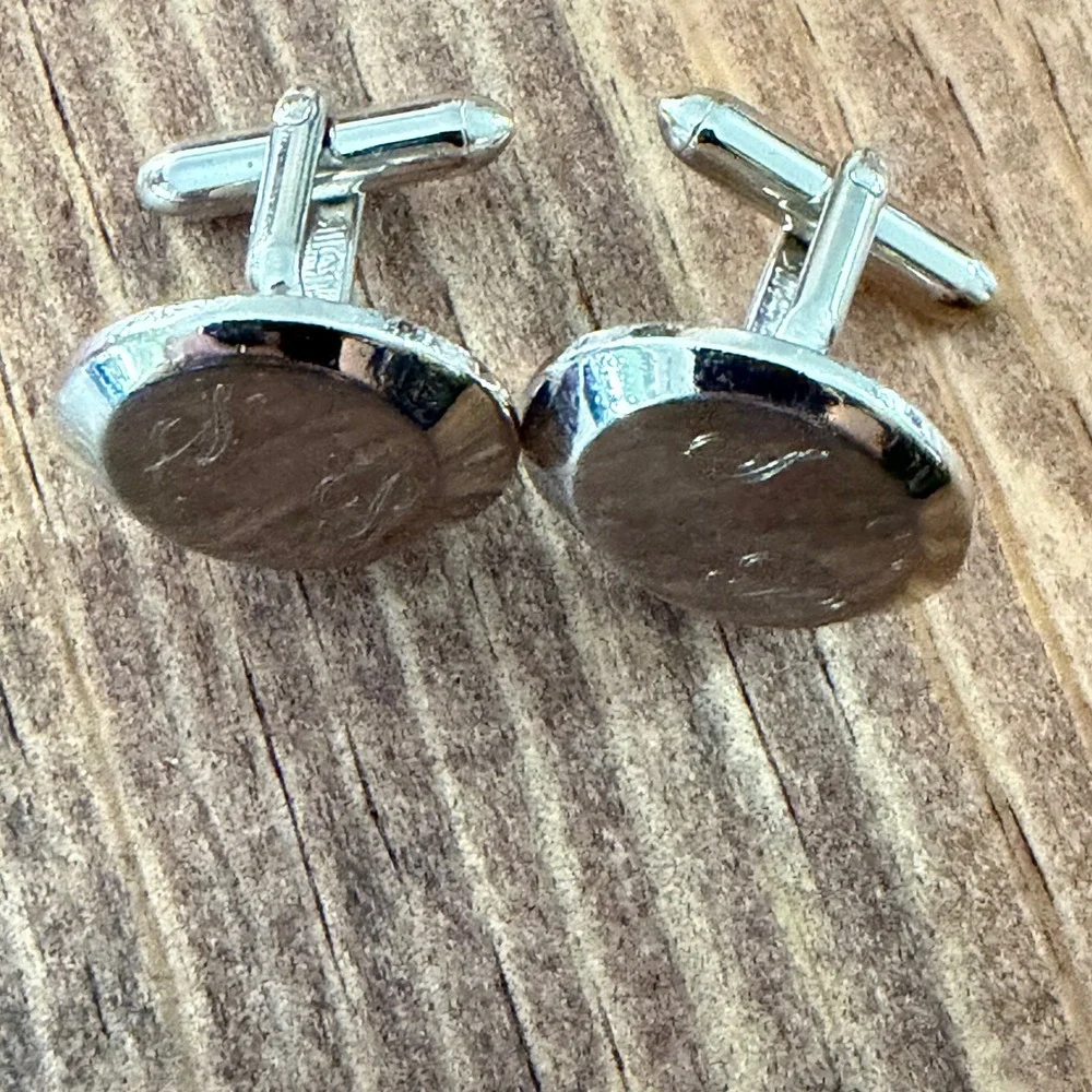 Swank Vintage Silver Tone Rnd Engraved SP Initial Monogram Cufflinks Toggle/Back